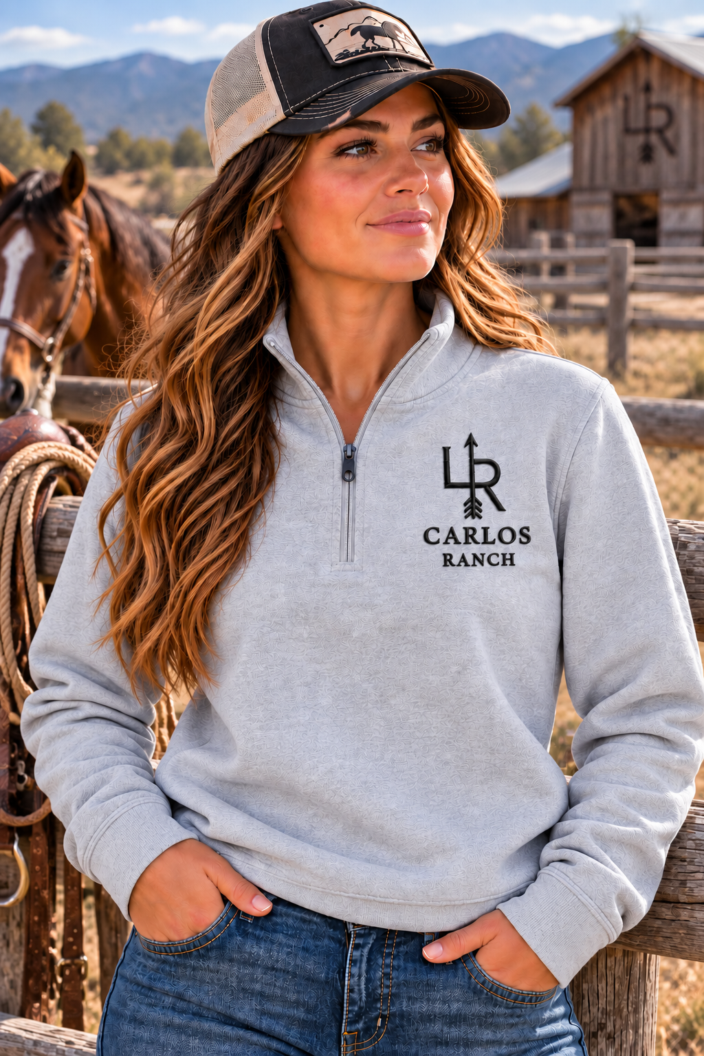 Embroidered Carlos Ranch Three-Quarter Zip Unisex Sweatshirt
